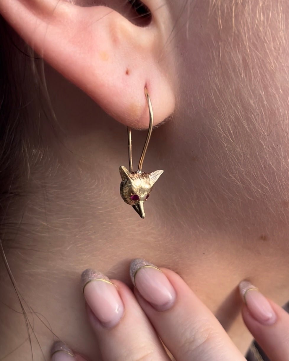 Victorian 14k, 10k Gold, and Ruby Fox Earrings - Clover Collective Antiques