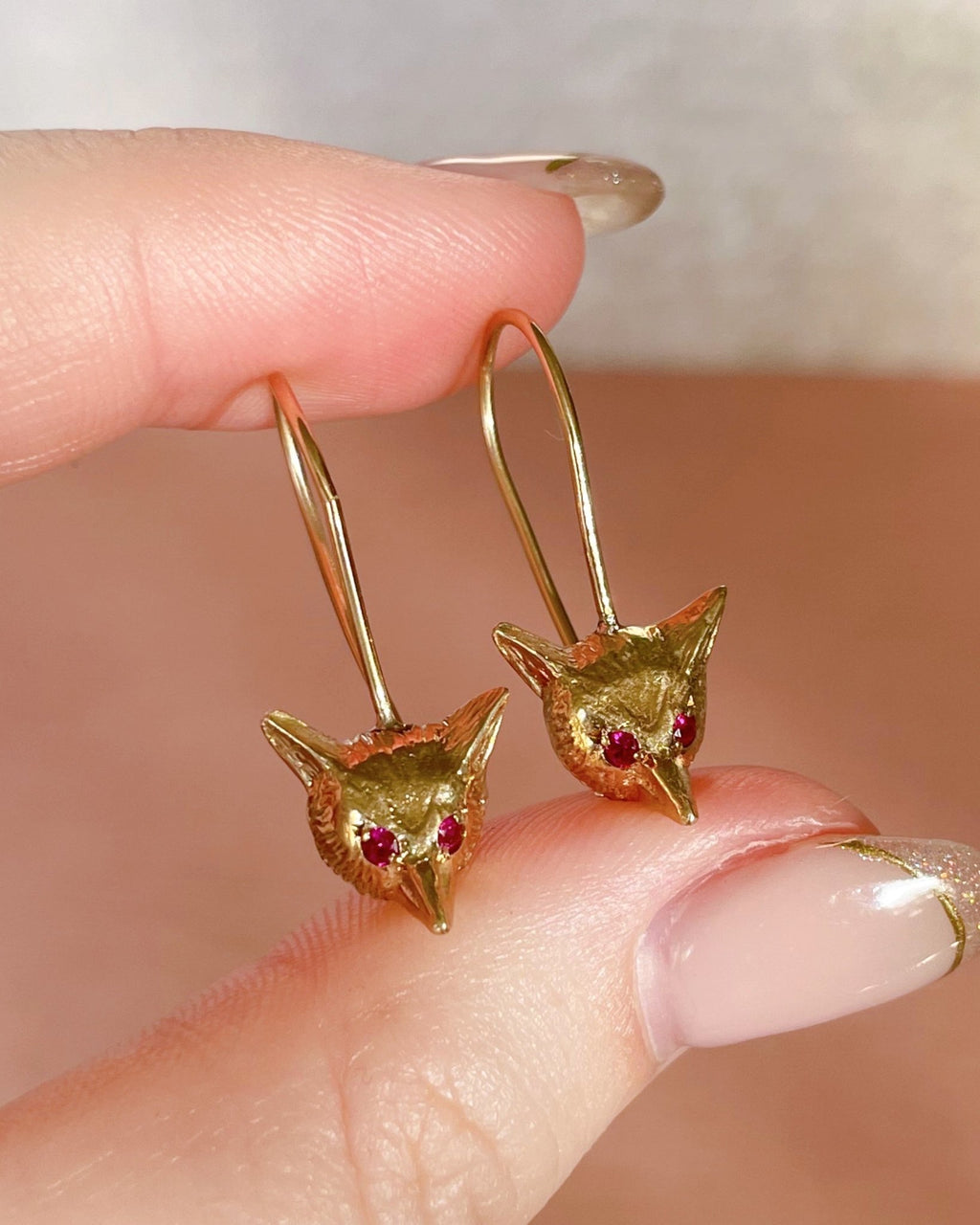 Victorian 14k, 10k Gold, and Ruby Fox Earrings - Clover Collective Antiques