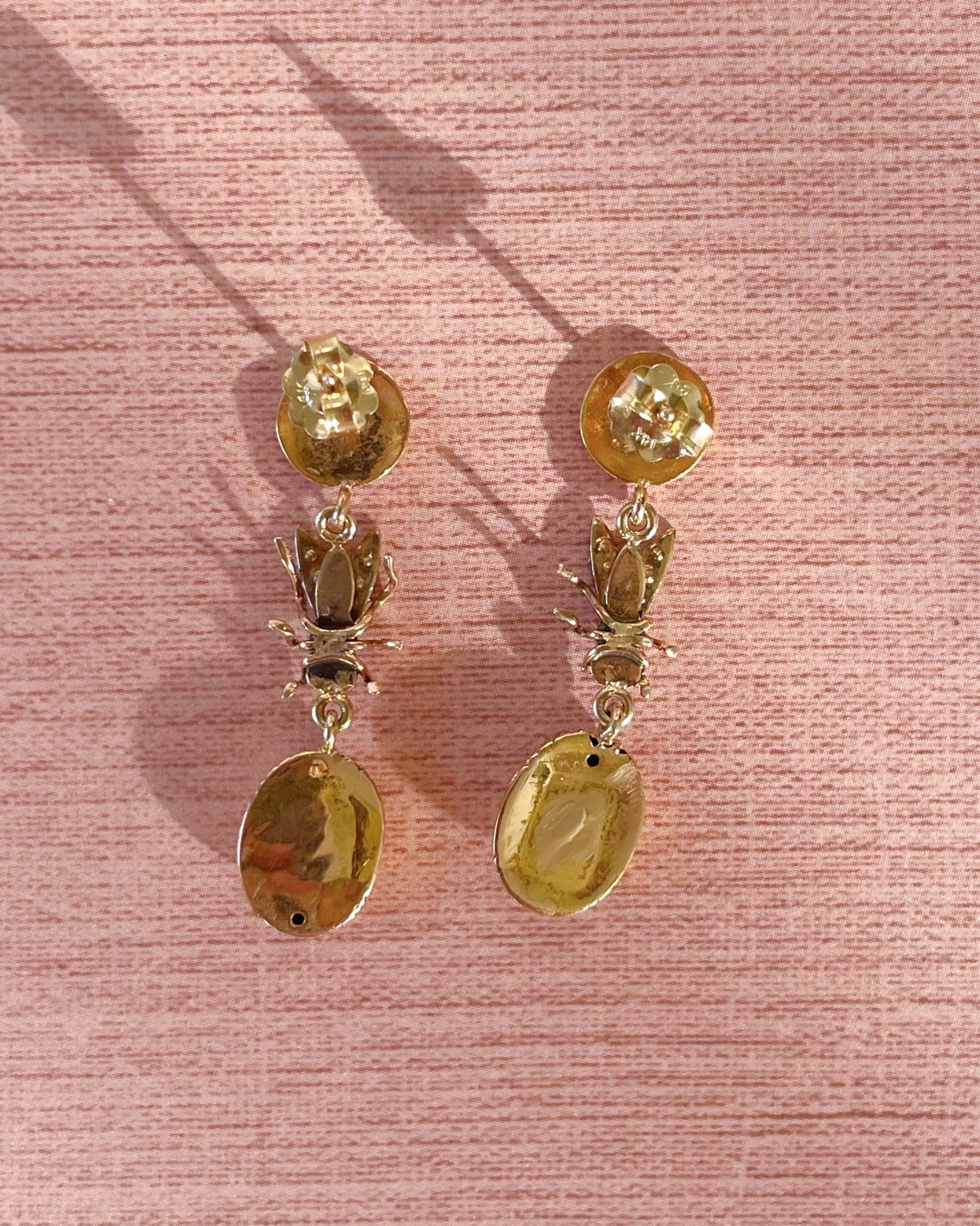 Victorian 14k and 10k Gold and Seed Pearl Fly Dangle Earrings - Clover Collective Antiques