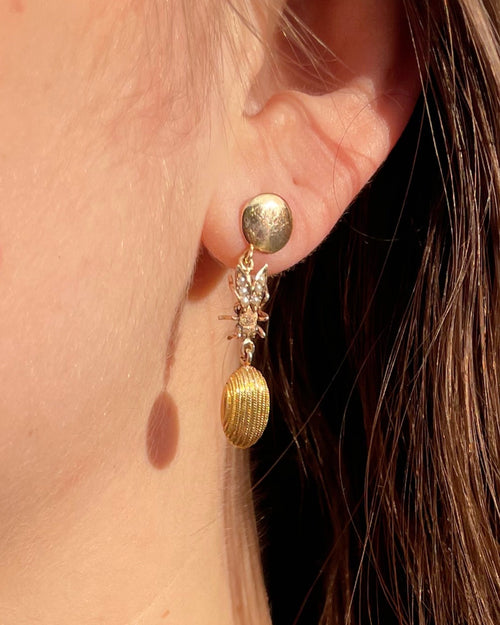 Victorian 14k and 10k Gold and Seed Pearl Fly Dangle Earrings - Clover Collective Antiques