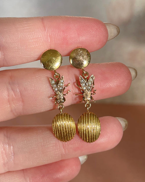 Victorian 14k and 10k Gold and Seed Pearl Fly Dangle Earrings - Clover Collective Antiques