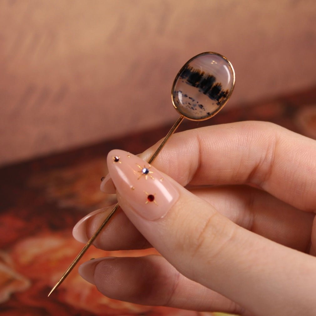Victorian 14k Rose Gold and Agate Stickpin - Clover Collective Antiques