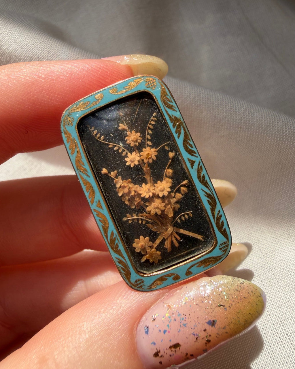 Victorian 14k Rose Gold, Carved Wood and Enamel Flower Shadow Box Brooch - Clover Collective Antiques