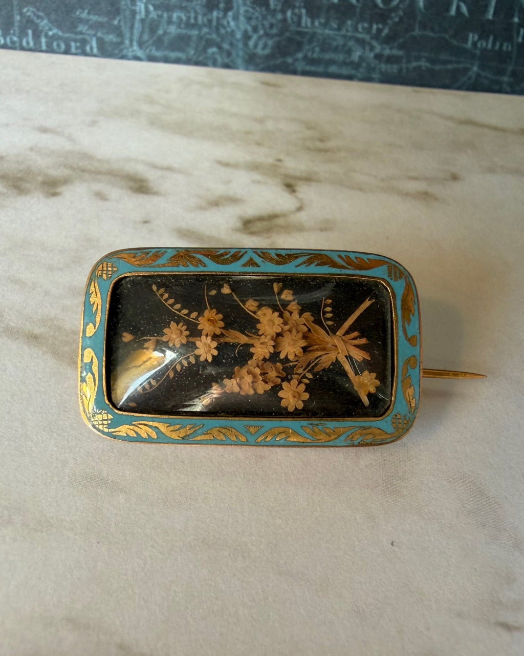 Victorian 14k Rose Gold, Carved Wood and Enamel Flower Shadow Box Brooch - Clover Collective Antiques