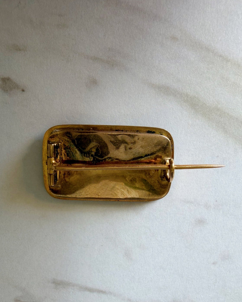 Victorian 14k Rose Gold, Carved Wood and Enamel Flower Shadow Box Brooch - Clover Collective Antiques