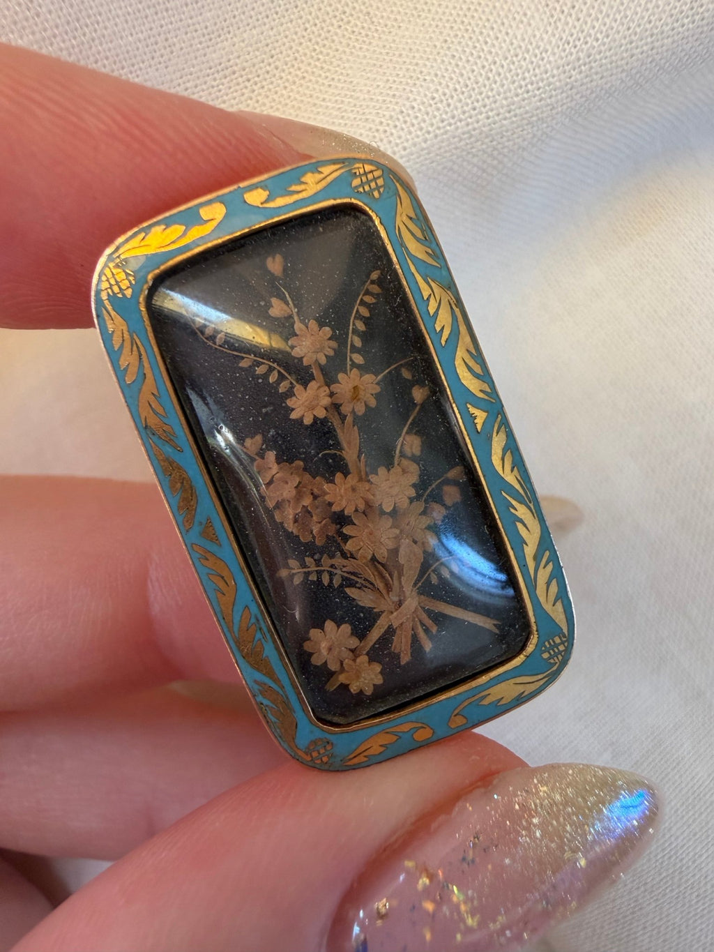 Victorian 14k Rose Gold, Carved Wood and Enamel Flower Shadow Box Brooch - Clover Collective Antiques