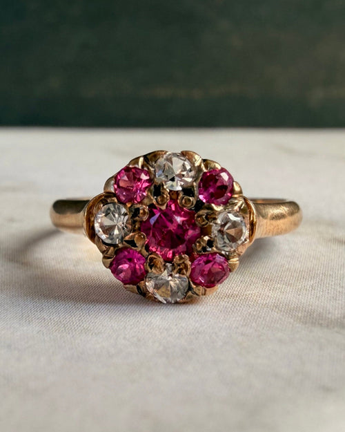 Victorian 14k Rose Gold, Pink Topaz, and White Quartz Ring - Clover Collective Antiques