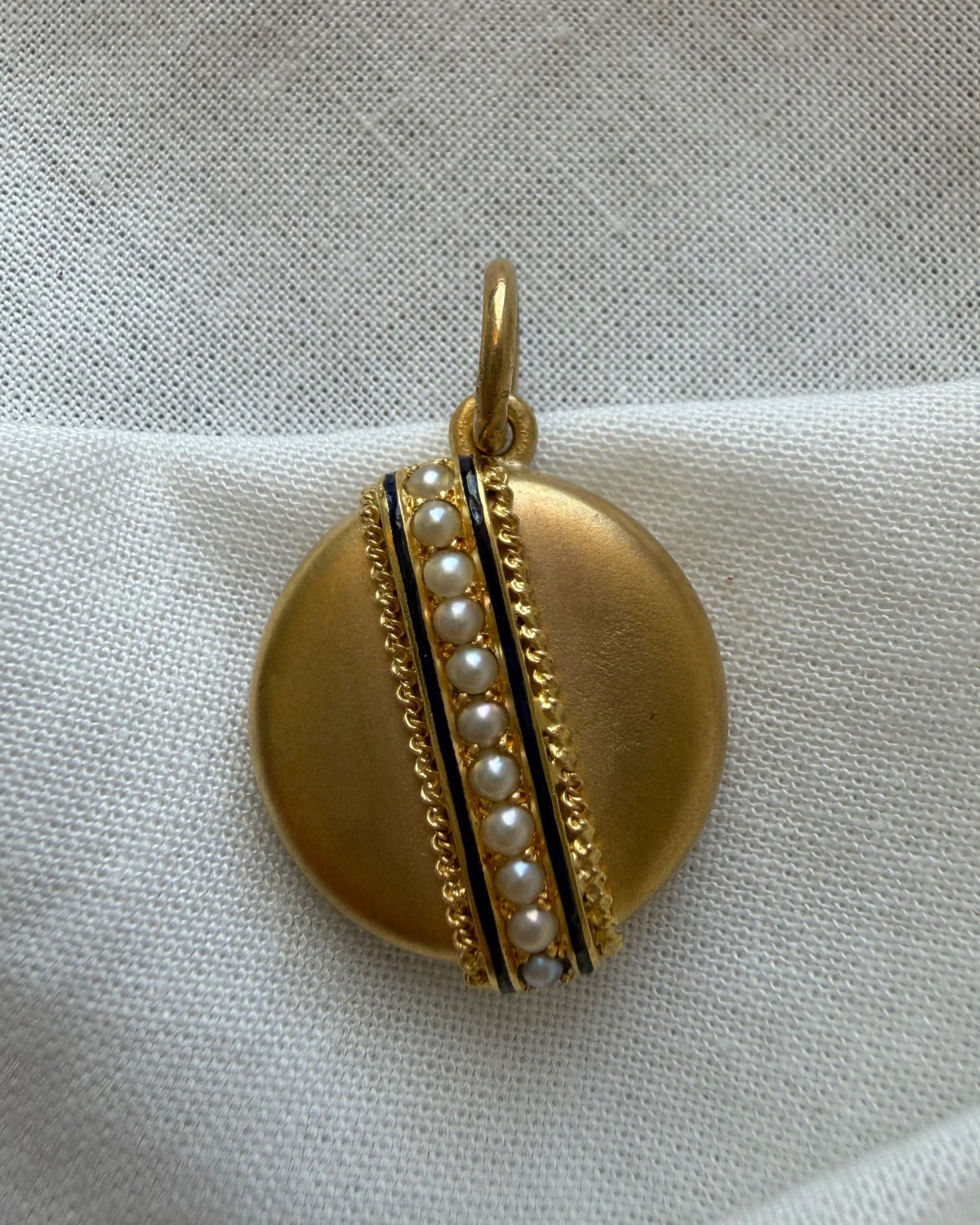 Victorian 14k Yellow Bloomed Gold, Pearl, and Enamel Locket Pendant - Clover Collective Antiques