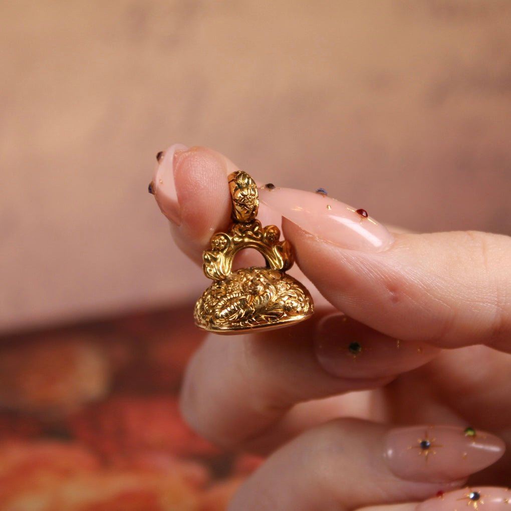 Victorian 14k Yellow Gold and Intaglio White Agate Fob Pendant - Clover Collective Antiques