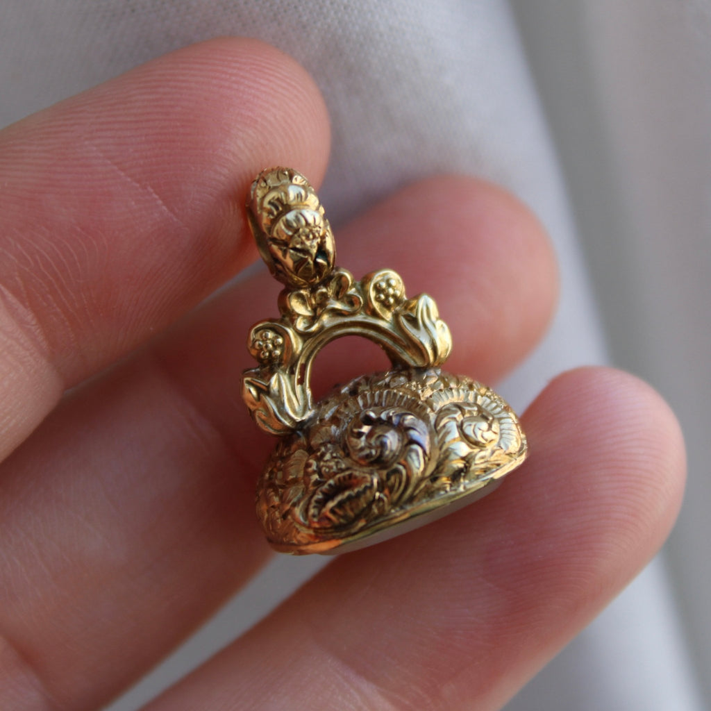 Victorian 14k Yellow Gold and Intaglio White Agate Fob Pendant - Clover Collective Antiques