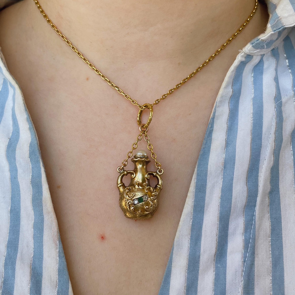 Victorian 14k Yellow Gold, Diamond, Emerald, and Pearl Jar Pendant/Charm - Clover Collective Antiques