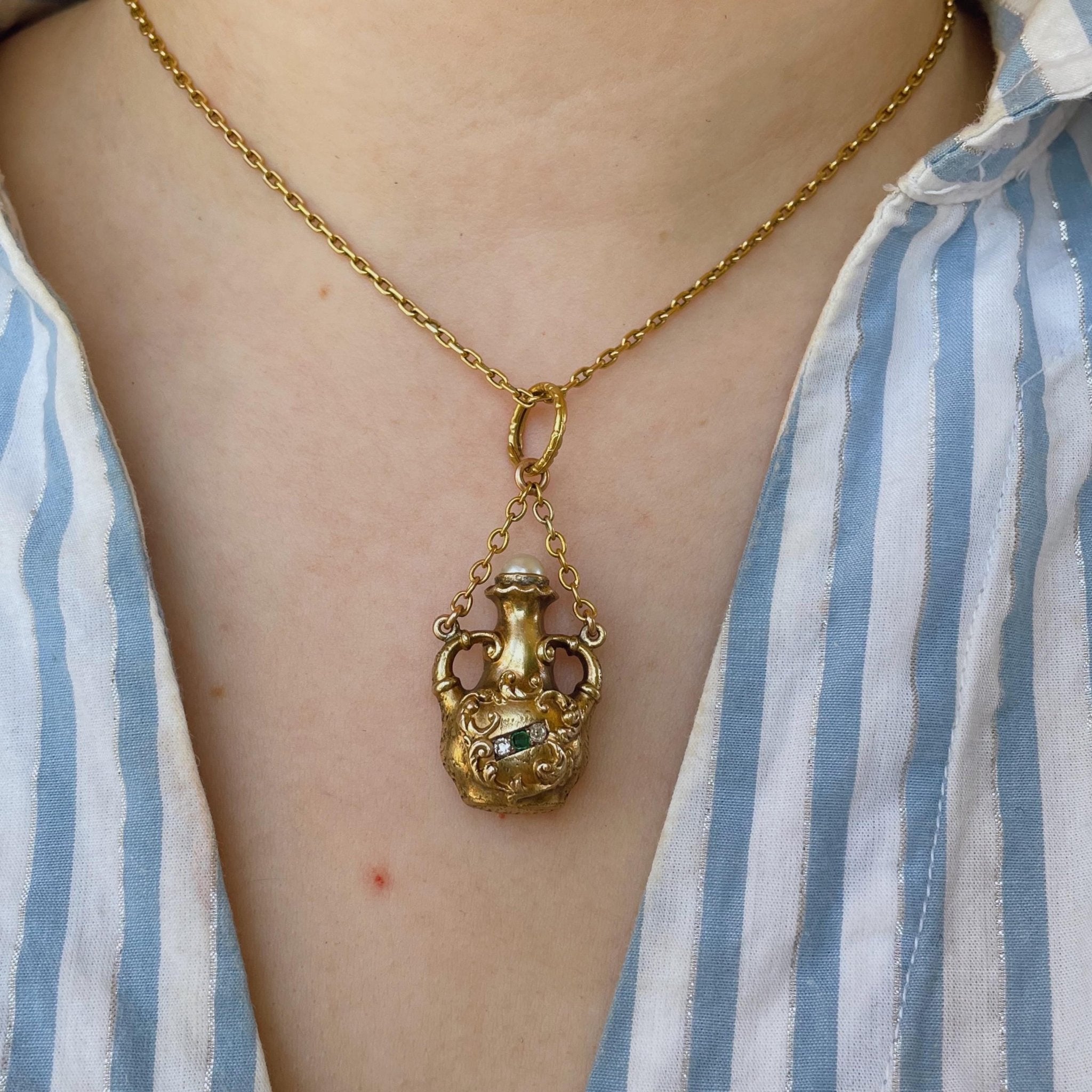 Victorian 14k Yellow Gold, Diamond, Emerald, and Pearl Jar Pendant/Charm - Clover Collective Antiques