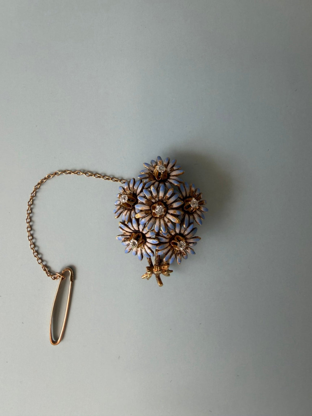Victorian 14k Yellow Gold, Old Mine Cut Diamond, and Enamel Floral Bouquet Brooch - Clover Collective Antiques