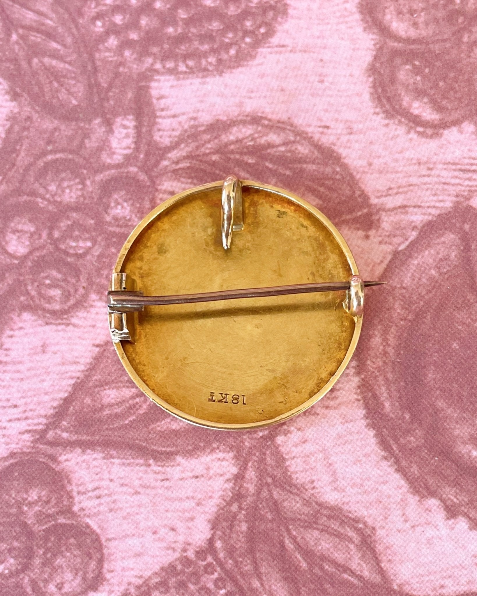Victorian 18k Yellow Gold and Black Enamel Circle Pendant Brooch - Clover Collective Antiques