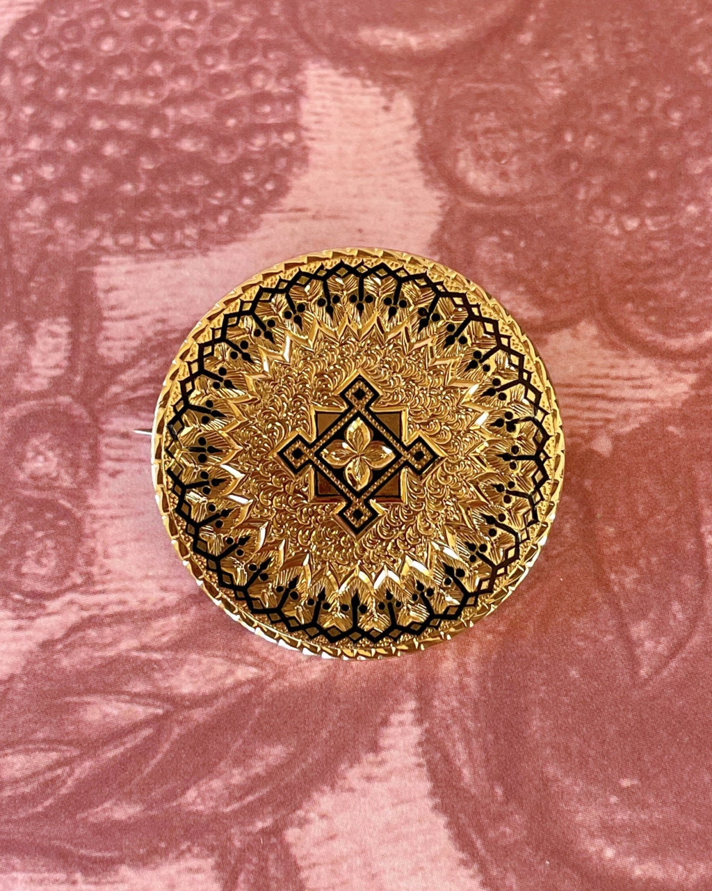 Victorian 18k Yellow Gold and Black Enamel Circle Pendant Brooch - Clover Collective Antiques