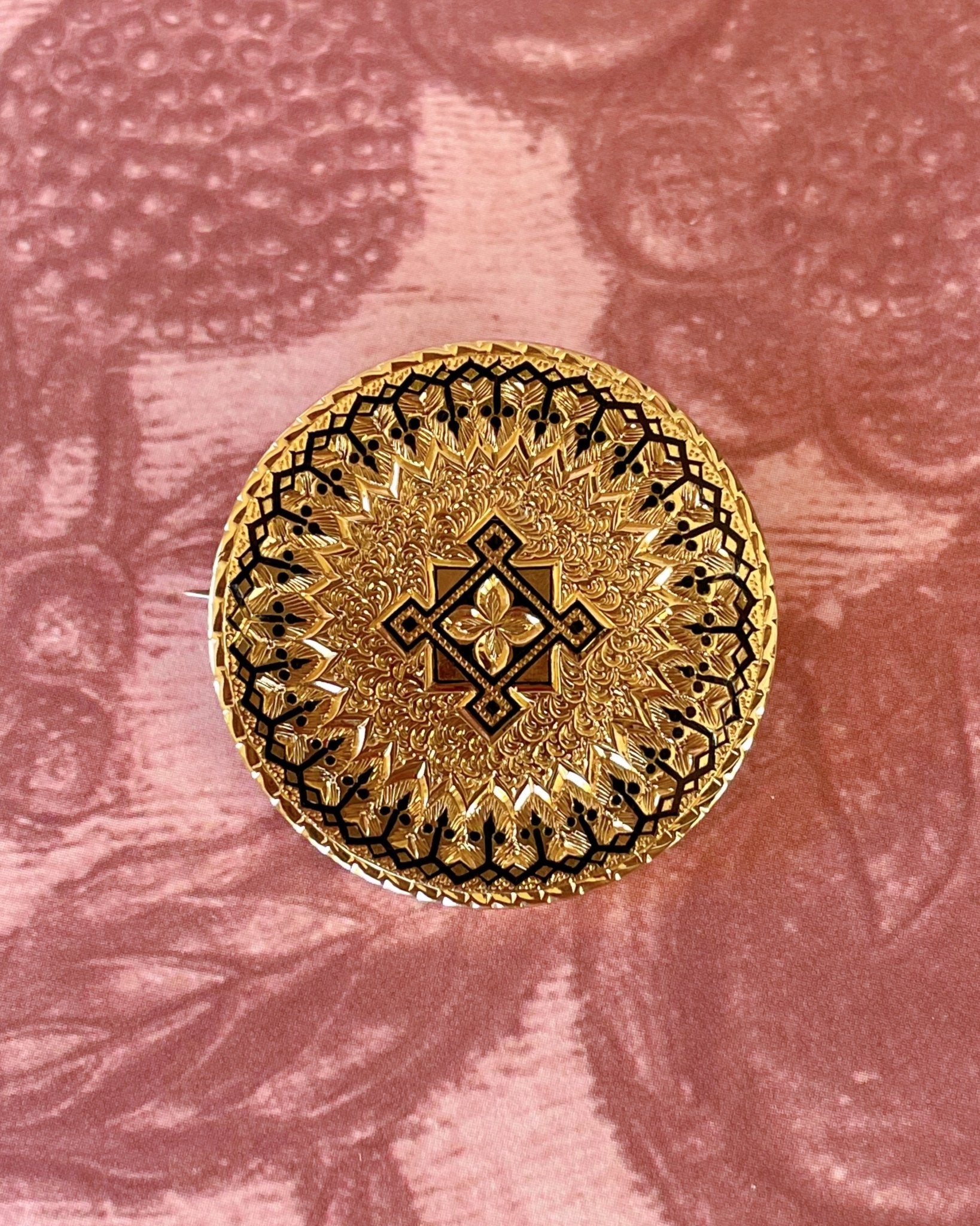 Victorian 18k Yellow Gold and Black Enamel Circle Pendant Brooch - Clover Collective Antiques
