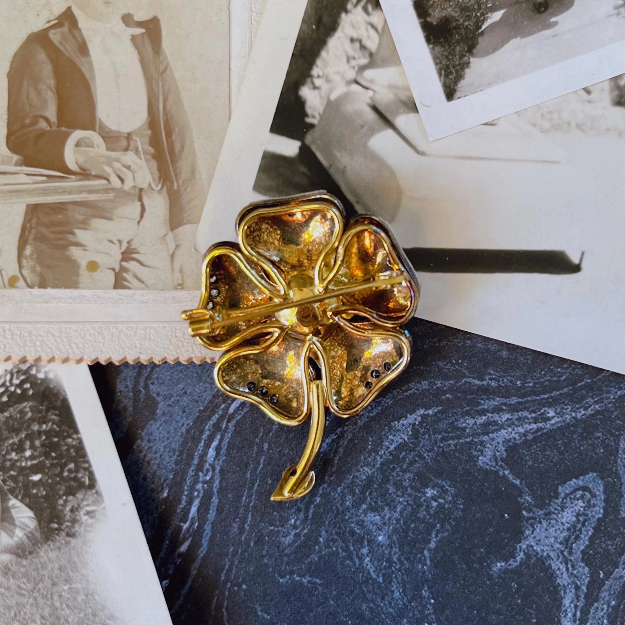 Victorian 18k Yellow Gold Old Mine Cut Diamond Royal Blue Enamel Flower Brooch - Clover Collective Antiques