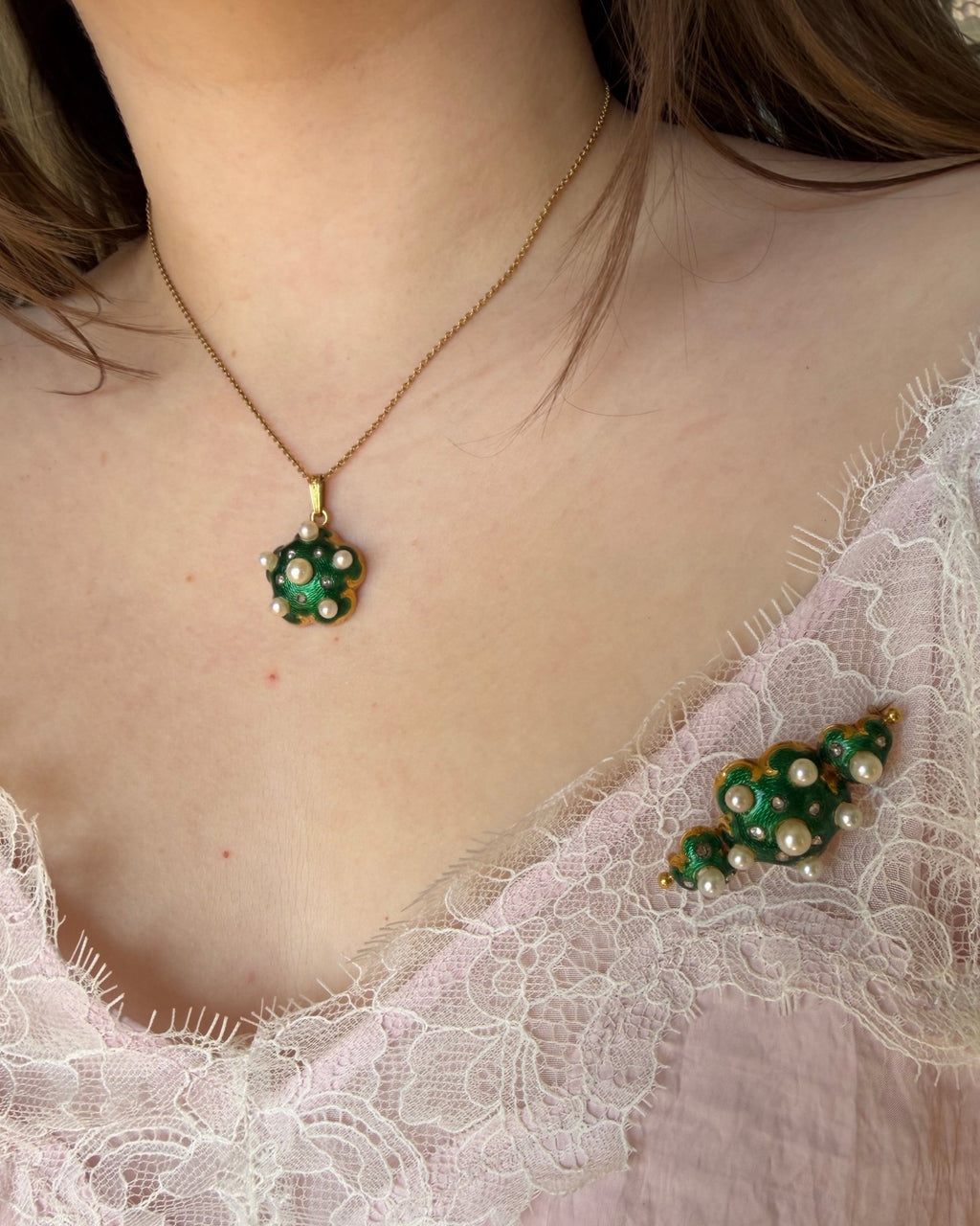 Victorian 18k Yellow Gold, Pearl, Diamond and Guilloché Enamel Brooch and Pendant Set - Clover Collective Antiques