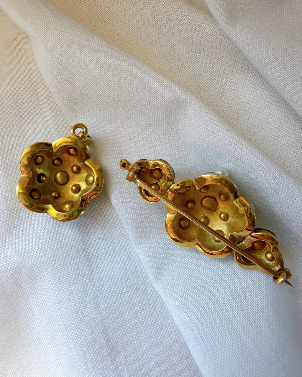 Victorian 18k Yellow Gold, Pearl, Diamond and Guilloché Enamel Brooch and Pendant Set - Clover Collective Antiques