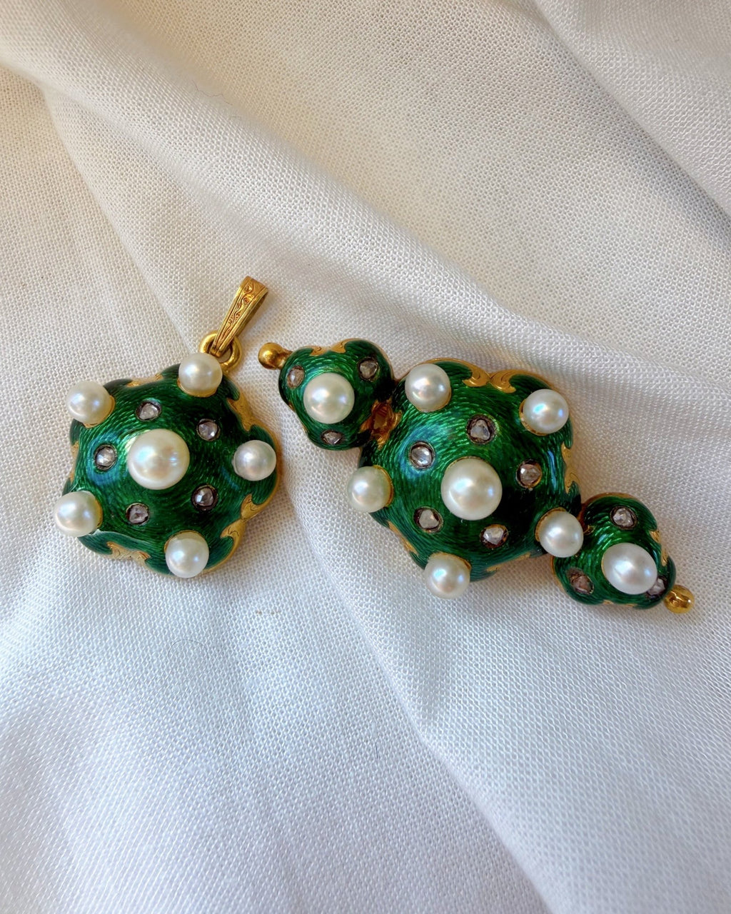 Victorian 18k Yellow Gold, Pearl, Diamond and Guilloché Enamel Brooch and Pendant Set - Clover Collective Antiques
