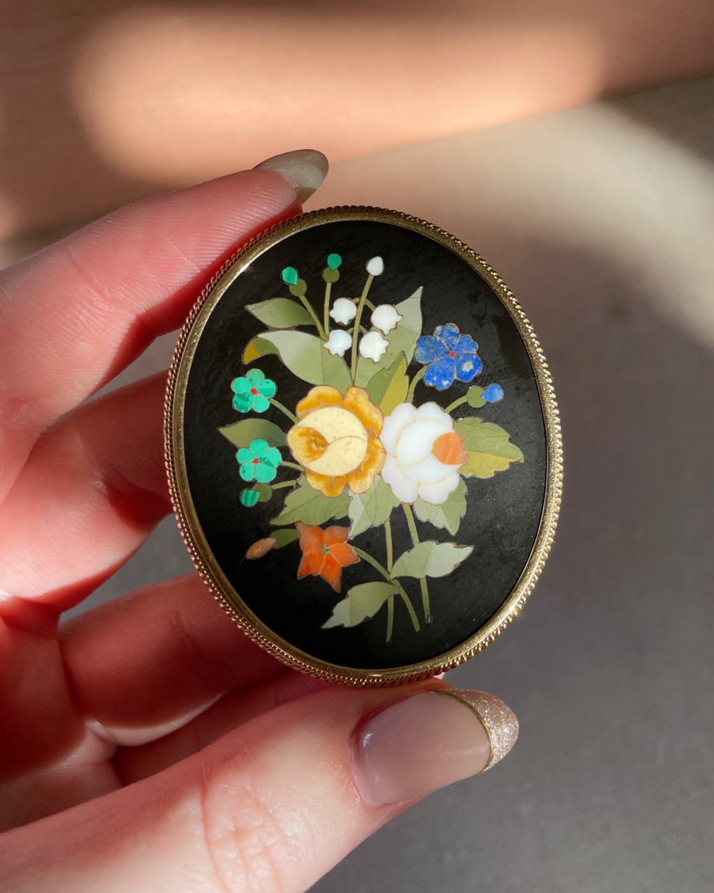 Victorian 18k Yellow Gold Pietra Dura Floral Pendant Brooch - Clover Collective Antiques