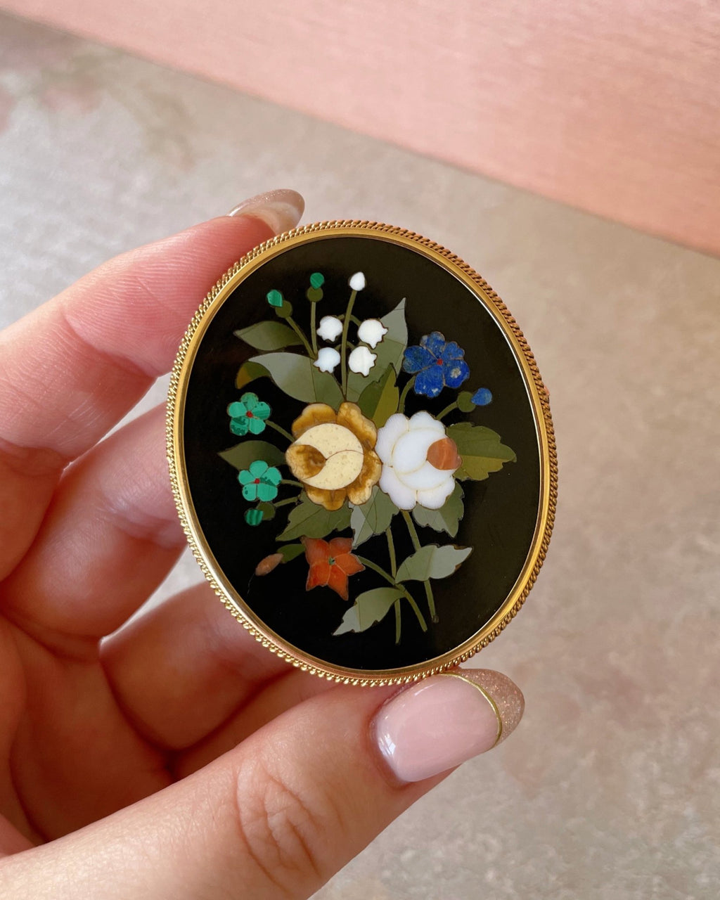 Victorian 18k Yellow Gold Pietra Dura Floral Pendant Brooch - Clover Collective Antiques