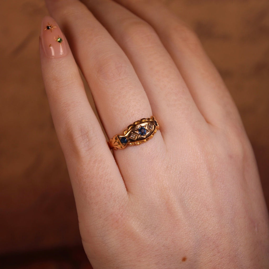 Victorian 18k Yellow Gold, Sapphire, and Diamond Five Stone Ring - Clover Collective Antiques