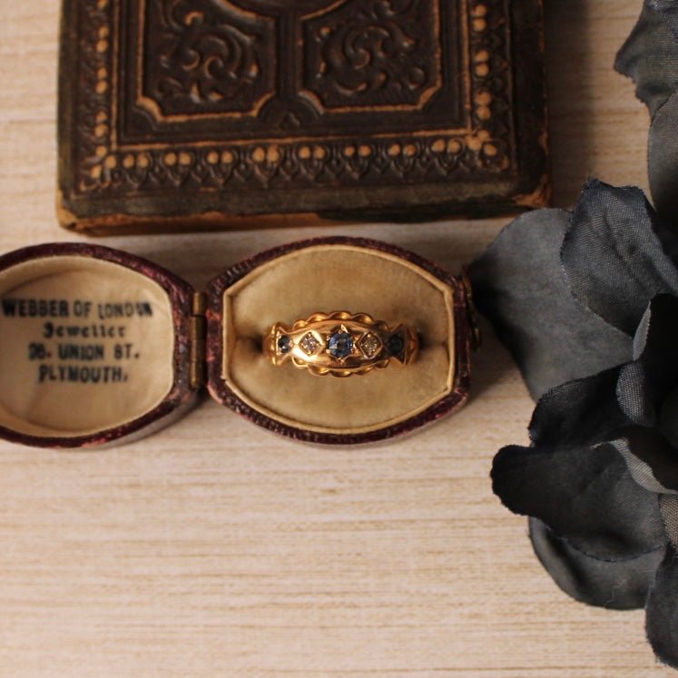 Victorian 18k Yellow Gold, Sapphire, and Diamond Five Stone Ring - Clover Collective Antiques