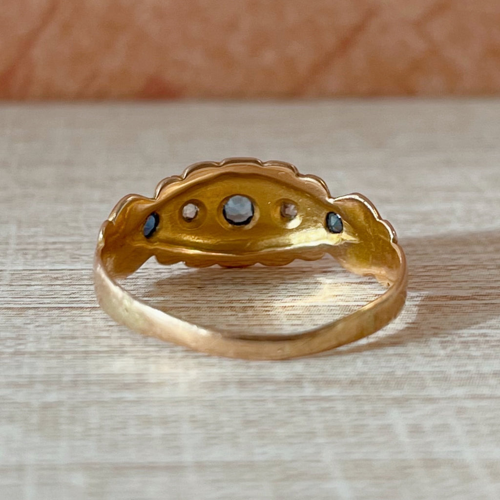 Victorian 18k Yellow Gold, Sapphire, and Diamond Five Stone Ring - Clover Collective Antiques