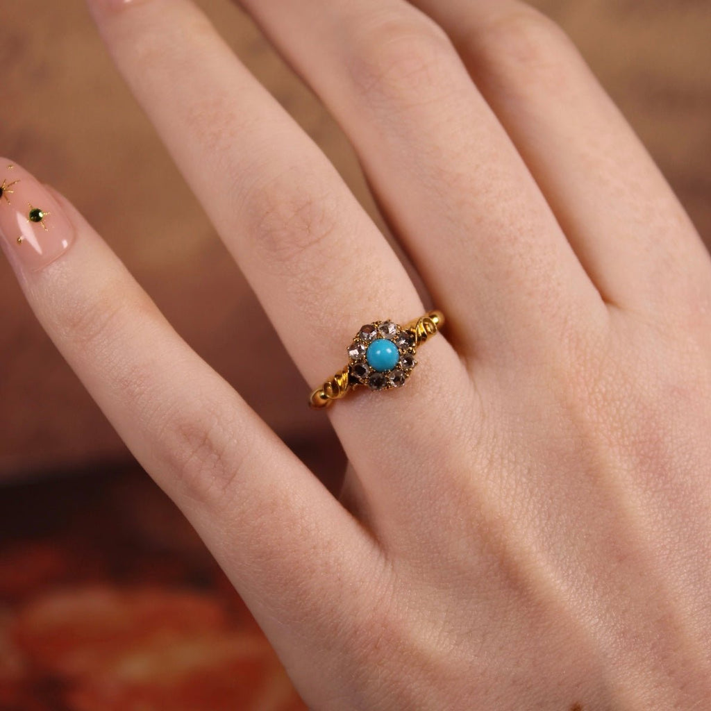 Victorian 18k Yellow Gold, Turquoise, and Diamond Cluster Ring - Clover Collective Antiques