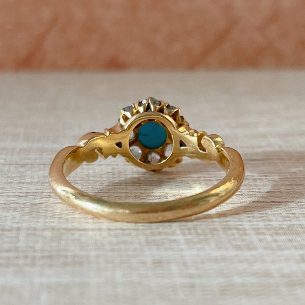 Victorian 18k Yellow Gold, Turquoise, and Diamond Cluster Ring - Clover Collective Antiques