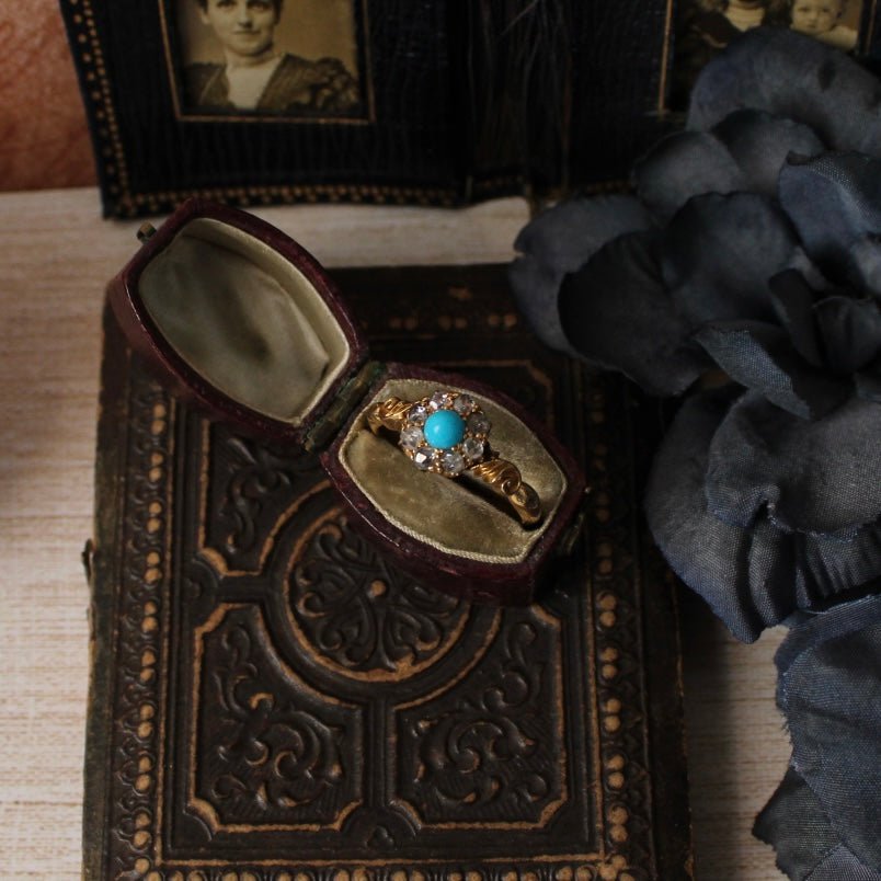Victorian 18k Yellow Gold, Turquoise, and Diamond Cluster Ring - Clover Collective Antiques