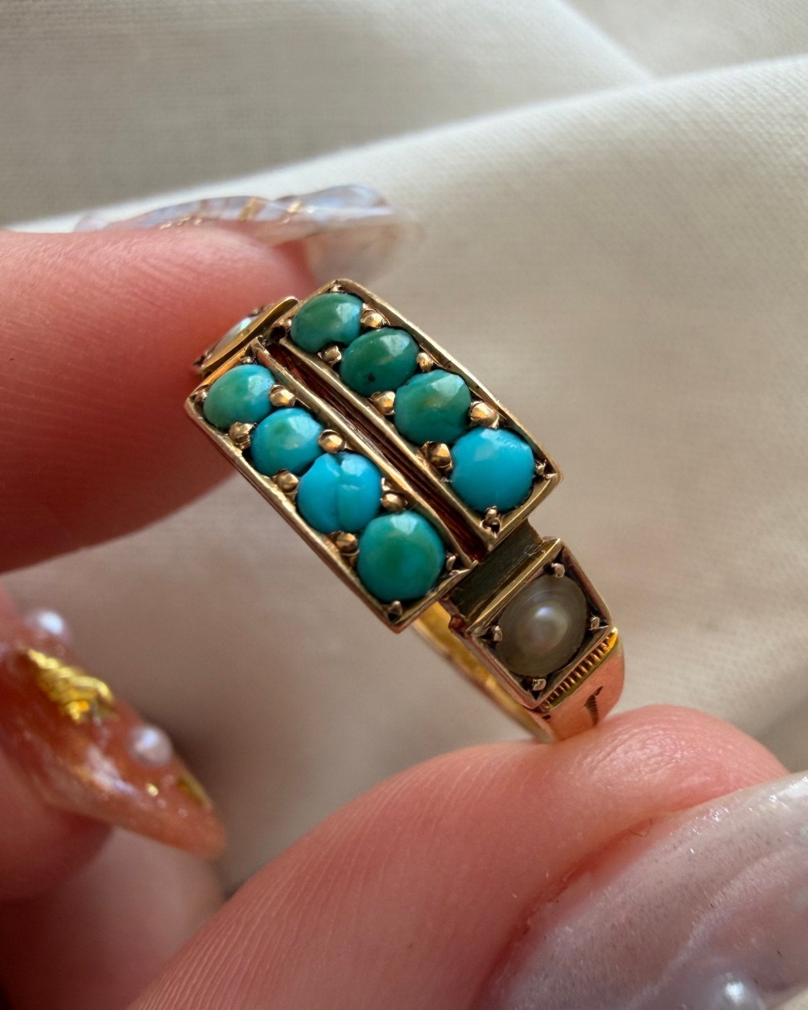 Victorian Birmingham 15k Yellow Gold, Turquoise, and Pearl Ring - Clover Collective Antiques