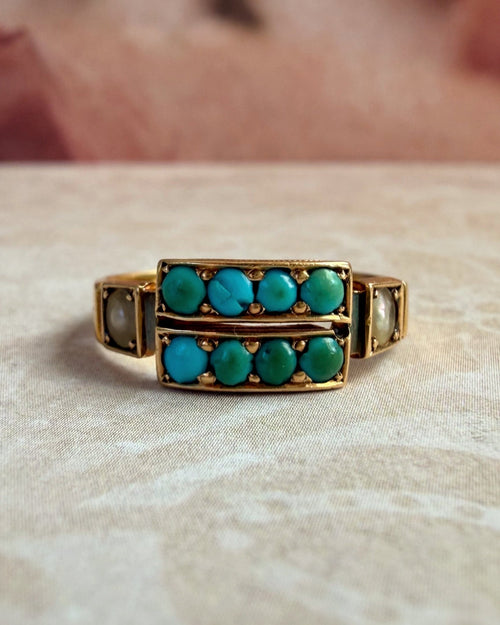 Victorian Birmingham 15k Yellow Gold, Turquoise, and Pearl Ring - Clover Collective Antiques