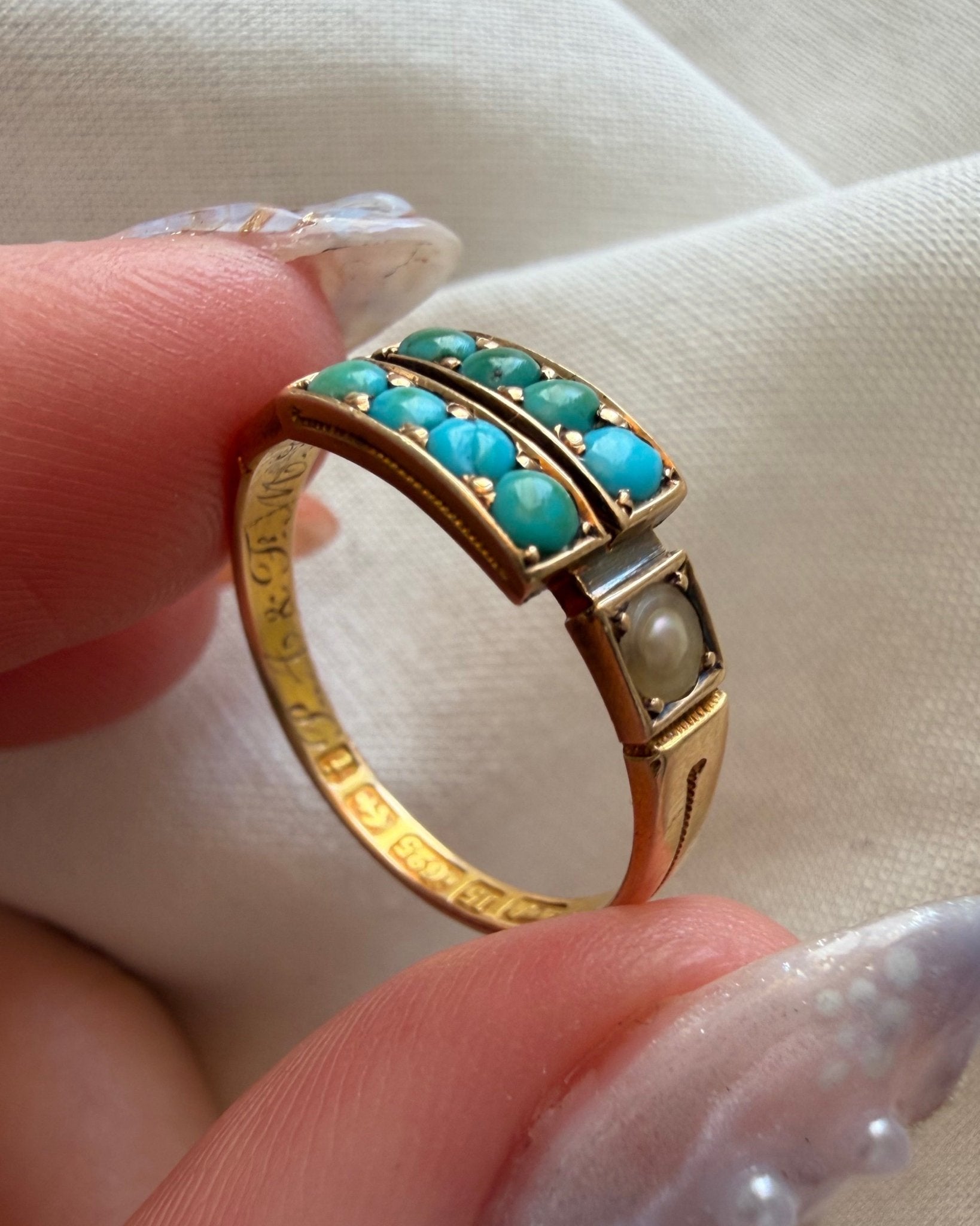 Victorian Birmingham 15k Yellow Gold, Turquoise, and Pearl Ring - Clover Collective Antiques