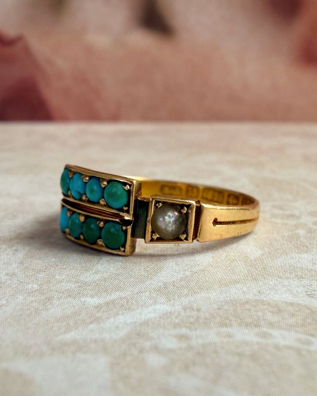 Victorian Birmingham 15k Yellow Gold, Turquoise, and Pearl Ring - Clover Collective Antiques