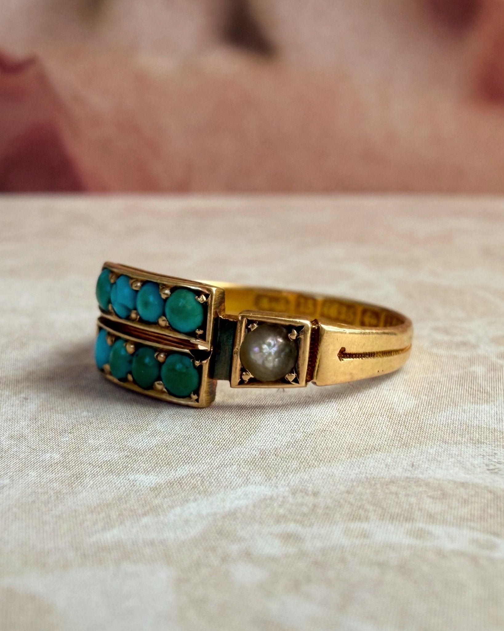 Victorian Birmingham 15k Yellow Gold, Turquoise, and Pearl Ring - Clover Collective Antiques