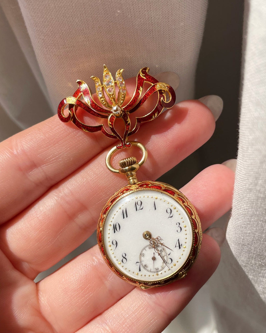 Victorian H. Nathan & Co. Swiss 18k Gold, Diamond, and Guilloche Enamel Pendant Watch - Clover Collective Antiques