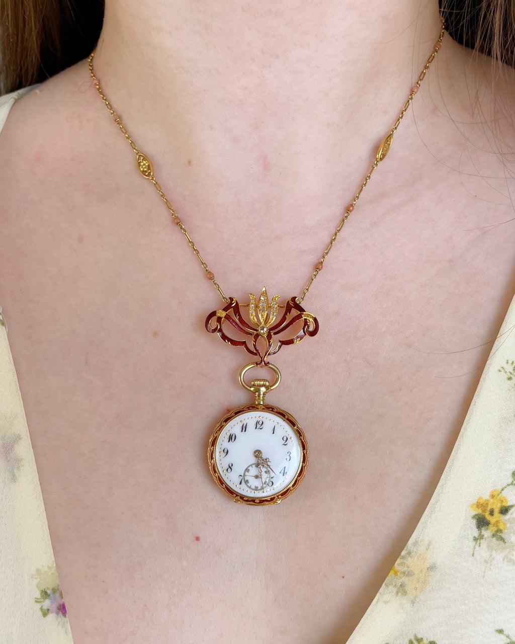 Victorian H. Nathan & Co. Swiss 18k Gold, Diamond, and Guilloche Enamel Pendant Watch - Clover Collective Antiques