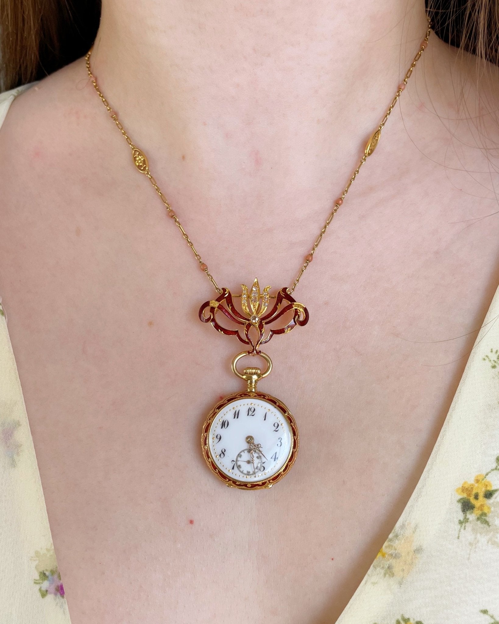Victorian H. Nathan & Co. Swiss 18k Gold, Diamond, and Guilloche Enamel Pendant Watch - Clover Collective Antiques