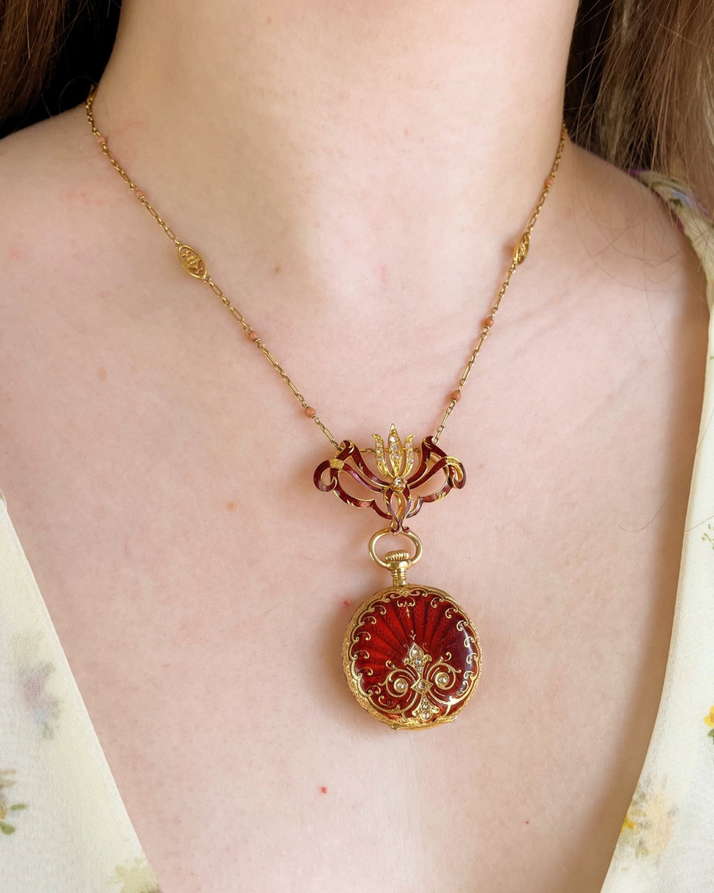 Victorian H. Nathan & Co. Swiss 18k Gold, Diamond, and Guilloche Enamel Pendant Watch - Clover Collective Antiques