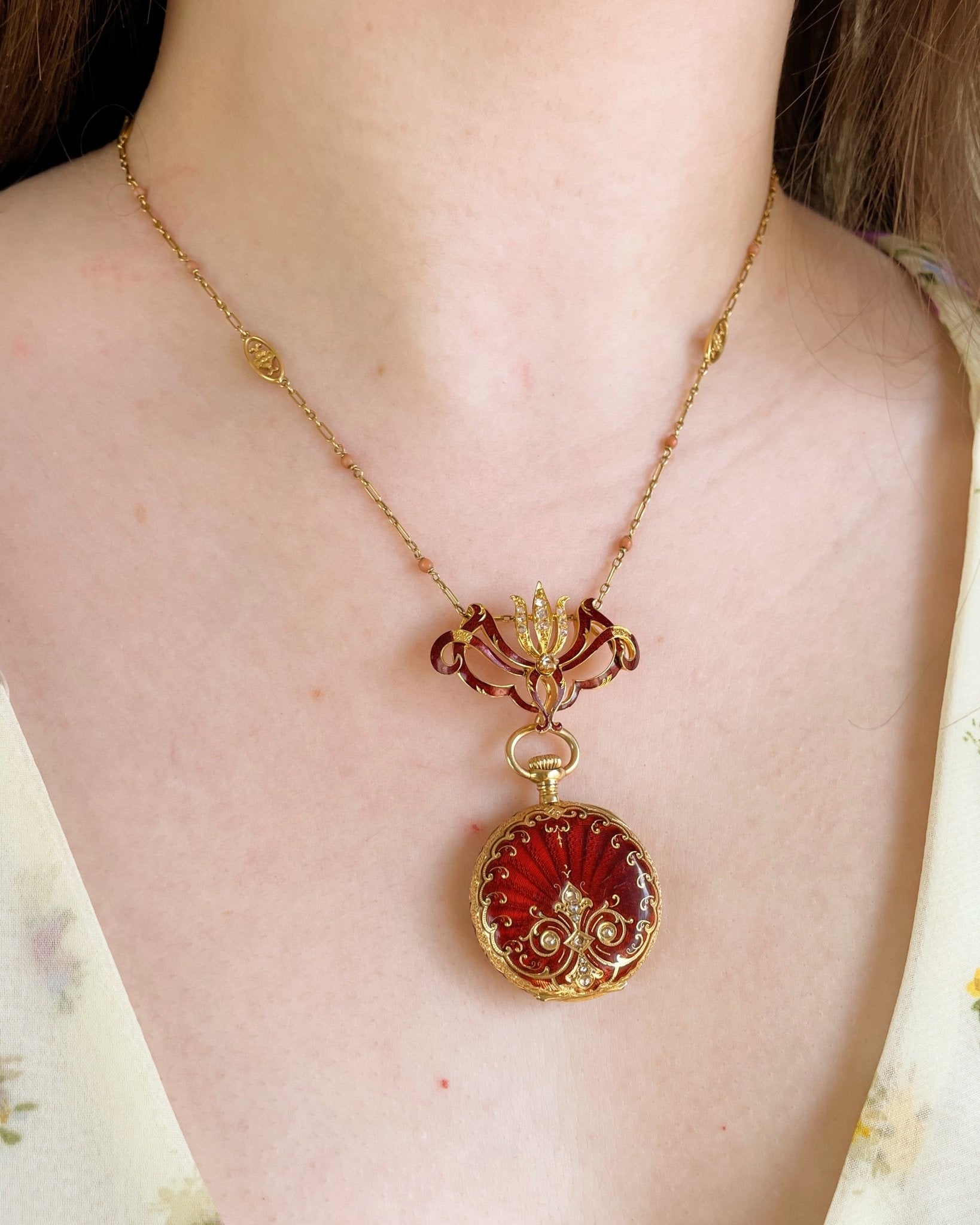 Victorian H. Nathan & Co. Swiss 18k Gold, Diamond, and Guilloche Enamel Pendant Watch - Clover Collective Antiques