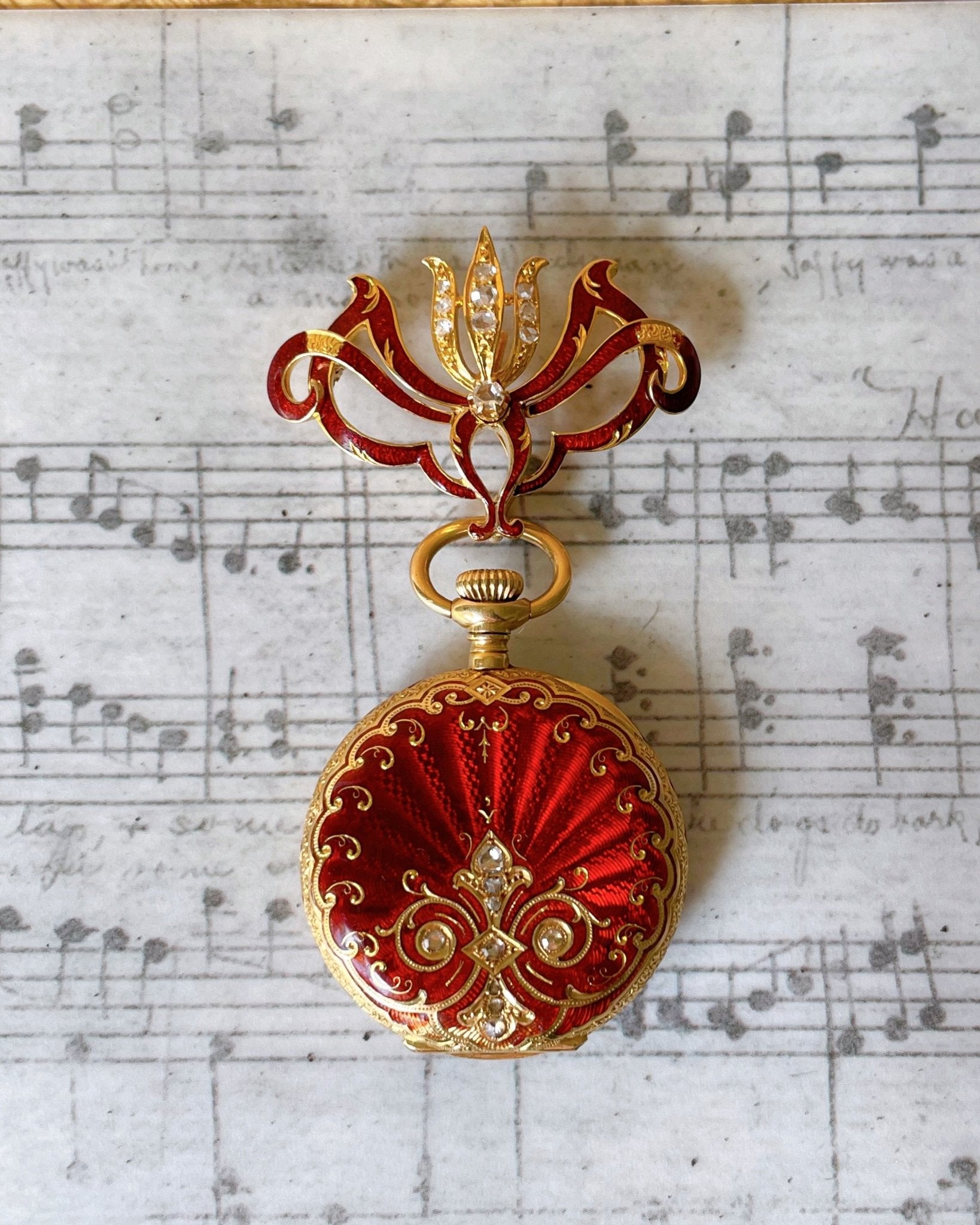 Victorian H. Nathan & Co. Swiss 18k Gold, Diamond, and Guilloche Enamel Pendant Watch - Clover Collective Antiques