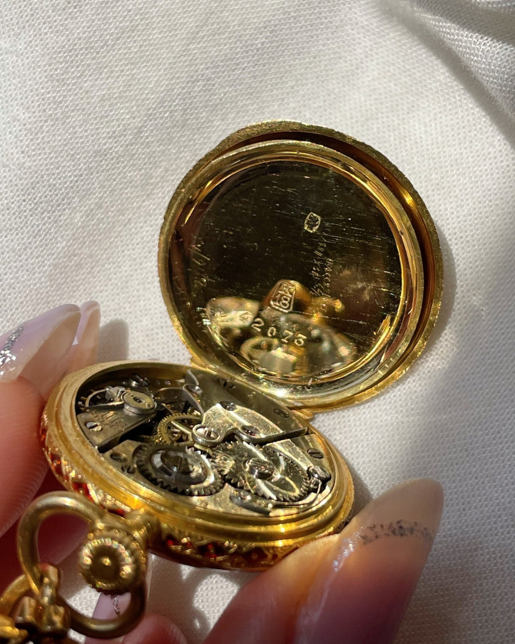 Victorian H. Nathan & Co. Swiss 18k Gold, Diamond, and Guilloche Enamel Pendant Watch - Clover Collective Antiques