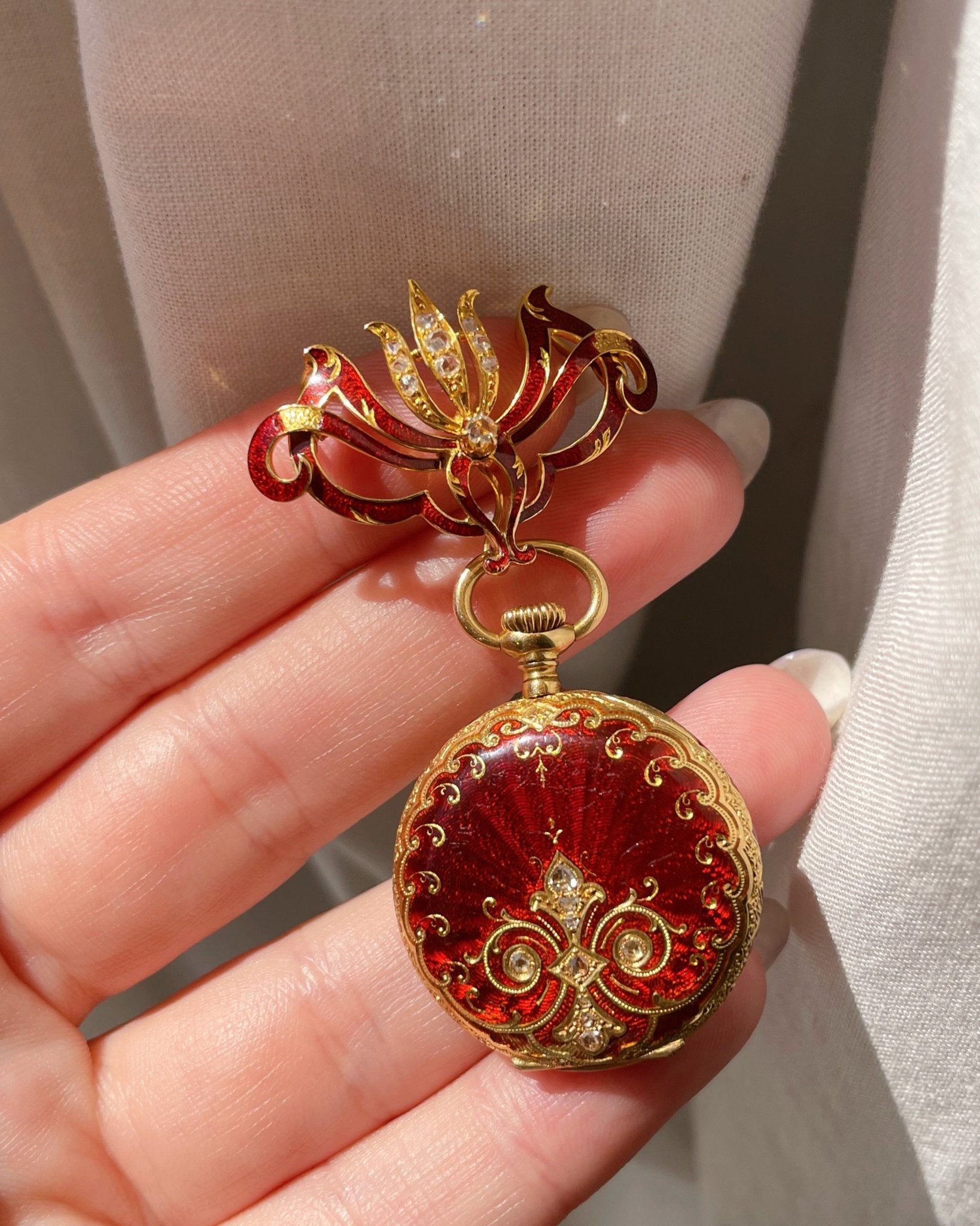 Victorian H. Nathan & Co. Swiss 18k Gold, Diamond, and Guilloche Enamel Pendant Watch - Clover Collective Antiques