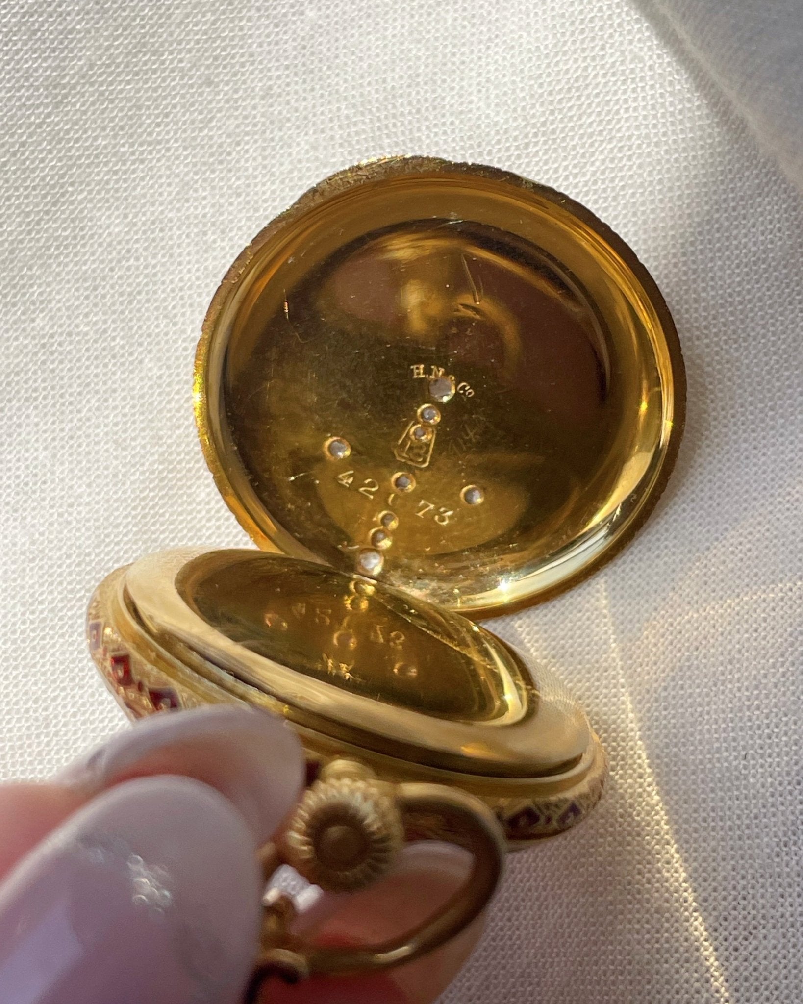Victorian H. Nathan & Co. Swiss 18k Gold, Diamond, and Guilloche Enamel Pendant Watch - Clover Collective Antiques