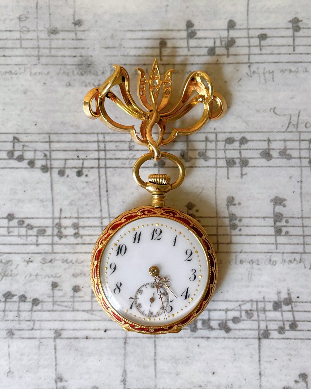 Victorian H. Nathan & Co. Swiss 18k Gold, Diamond, and Guilloche Enamel Pendant Watch - Clover Collective Antiques