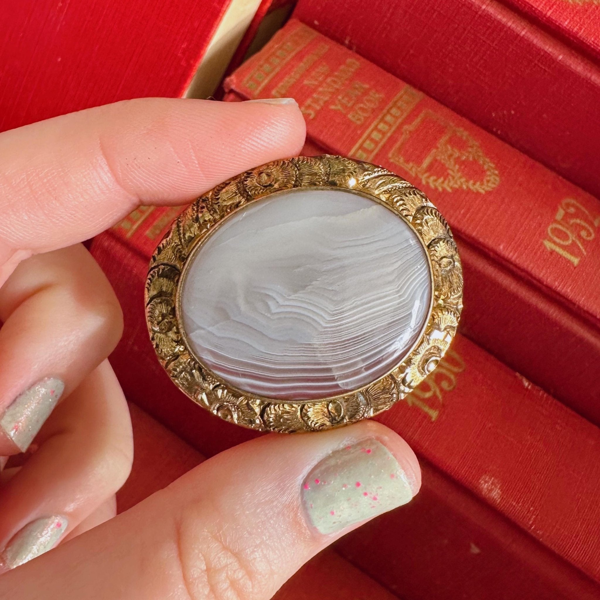 Victorian Pinchbeck Banded Agate Bezel Set Brooch - Clover Collective Antiques