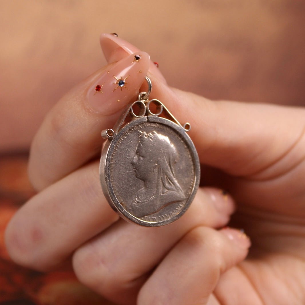 Victorian Queen Victoria Diamond Jubilee Commemorative Sterling Silver Medallion Pendant - Clover Collective Antiques