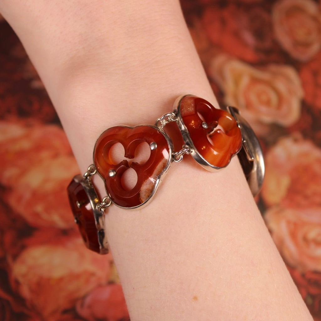 Victorian Scottish Carnelian Agate and Etched Sterling Silver Belt Buckle Bracelet - Clover Collective Antiques